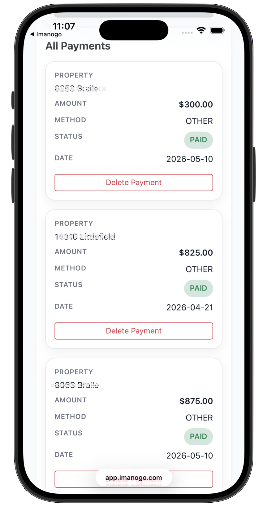 Imanogo property manager all payments history displayed on mobile