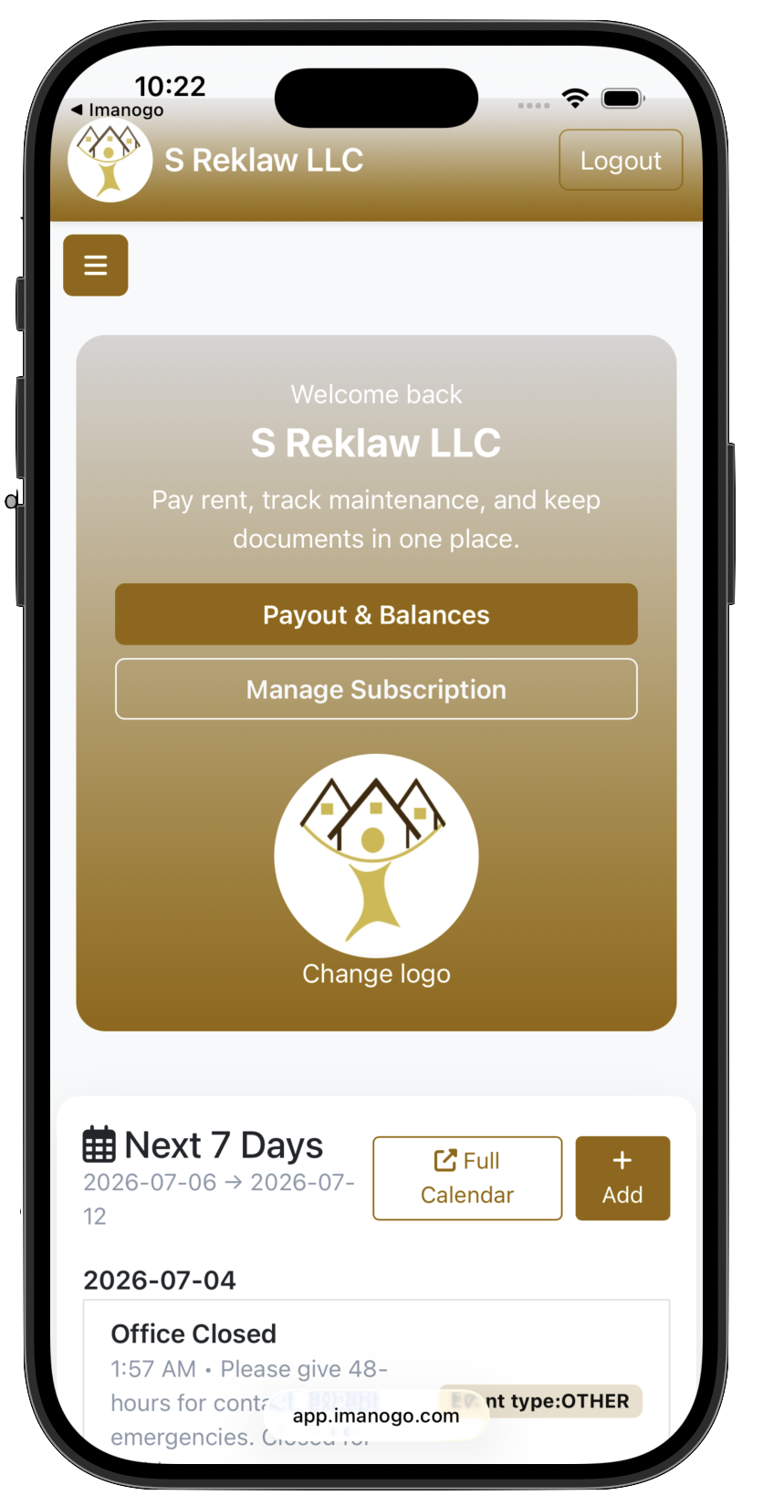 Imanogo mobile property management company dashboard