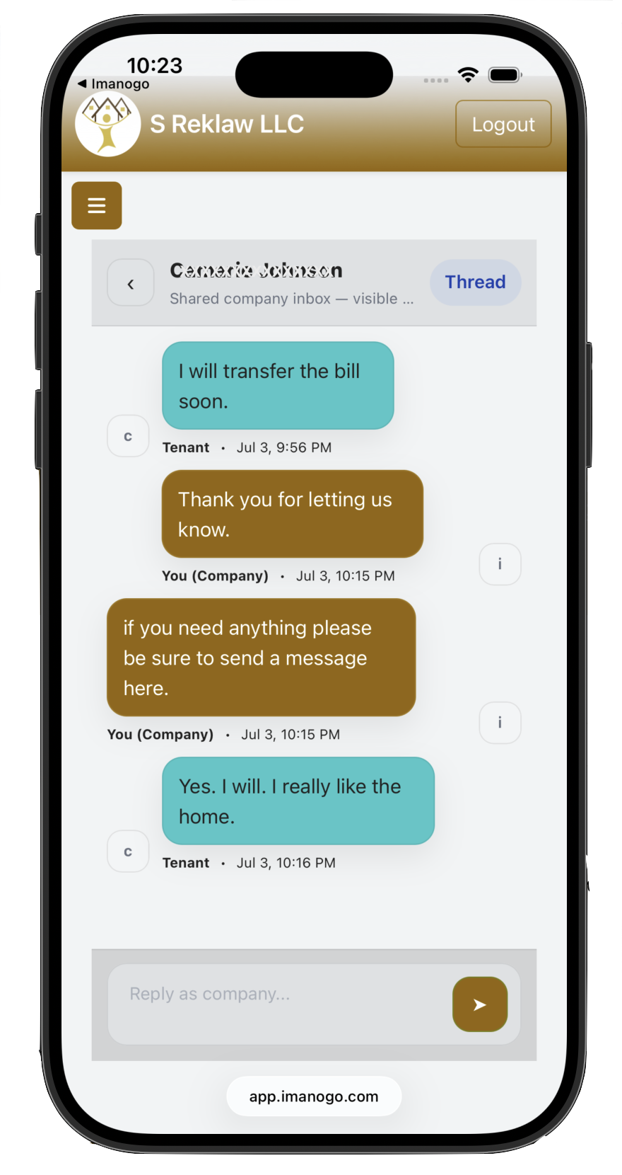 Imanogo tenant and property manager messaging interface