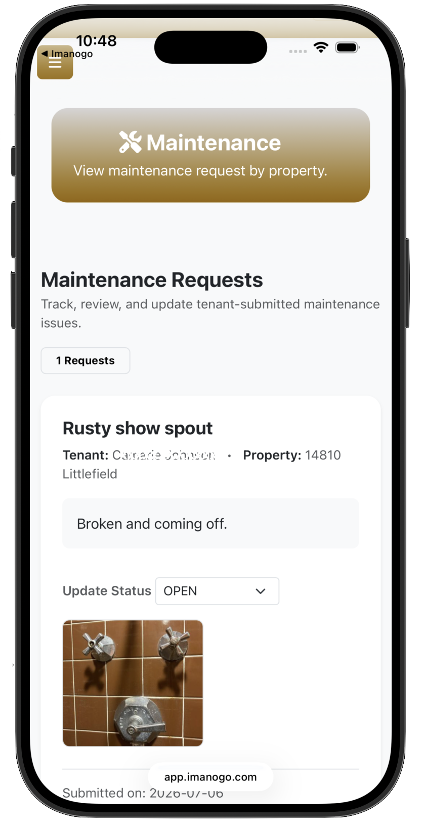 Imanogo mobile maintenance request screen with property maintenance photo