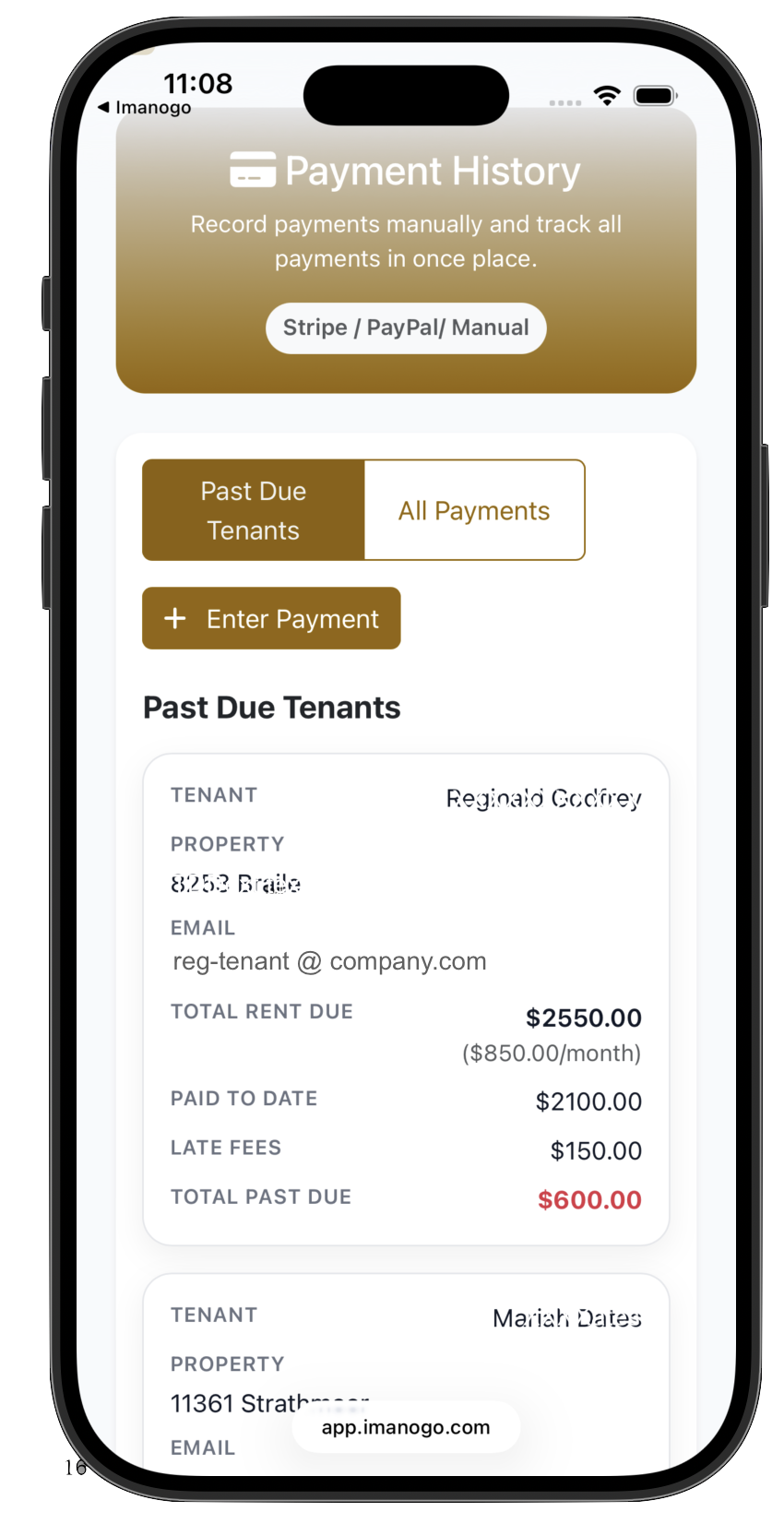 Imanogo property management payment history and past due rent dashboard