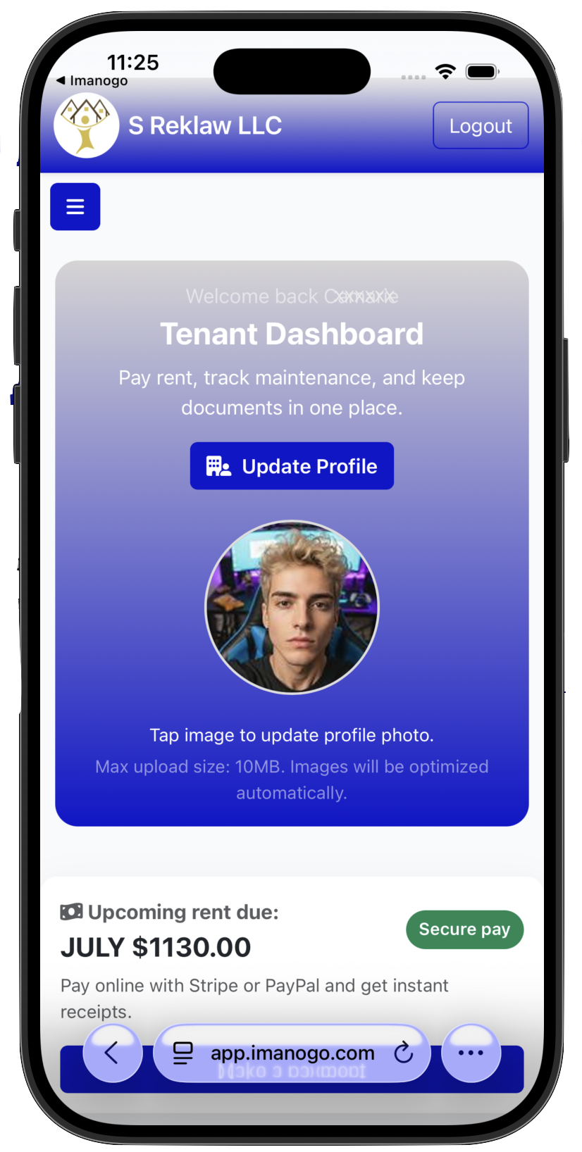 Imanogo tenant dashboard showing rent maintenance documents and tenant profile