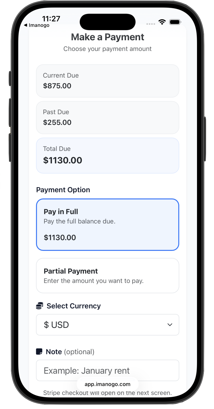 Imanogo tenant rent payment screen showing current due past due and payment options